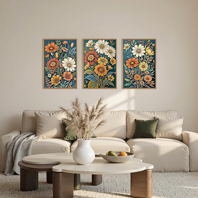 HOURIA Boho Vintage Floral Framed Canvas Wall Art Set,Nordic Retro Colorful Wildflower & Green Leaves Wall Decor,Abstract Vibrant Bouquet Botanical Artwork for Living Room, Bedroom,Farmhouse-16"x24"x3