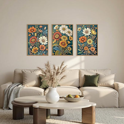 HOURIA Boho Vintage Floral Framed Canvas Wall Art Set,Nordic Retro Colorful Wildflower & Green Leaves Wall Decor,Abstract Vibrant Bouquet Botanical Artwork for Living Room, Bedroom,Farmhouse-16"x24"x3