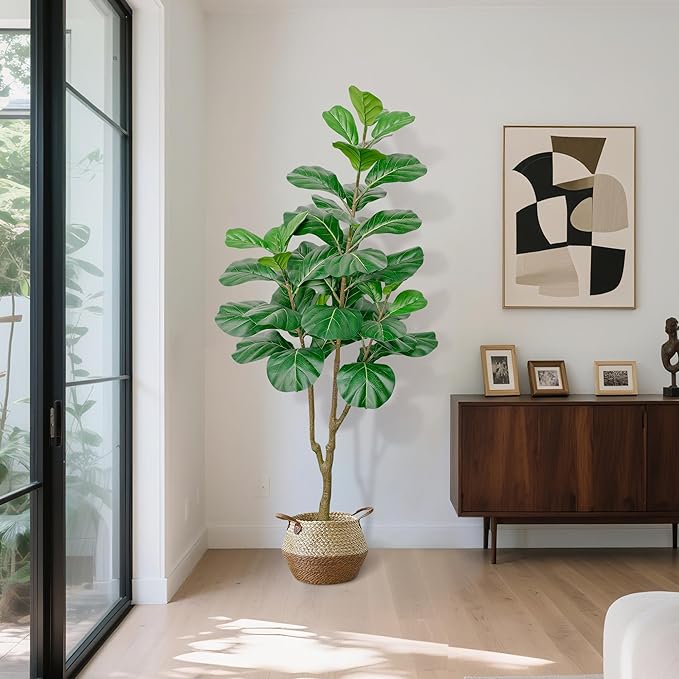 5ft Artificial Fiddle Leaf Fig Tree, Faux Ficus Lyrata Fake Tree with Black Planter Fake Fig Tree for Indoor Outdoor Home Office Decoration