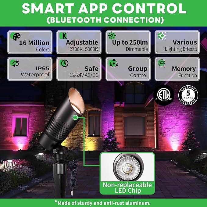 Smart Low Voltage Landscape Lights Multi Color - 12V LED Spotlights Outdoor Waterproof, Hardwired Spot Lights Million-Colored, App Operated Alexa Aluminum Black for Wall Wash Flag 10 Pack