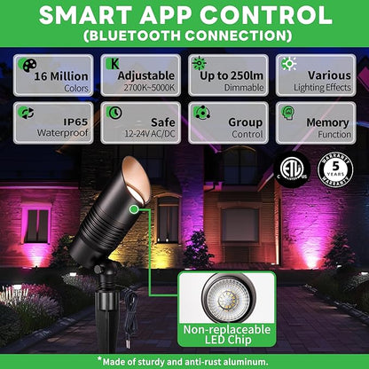 Smart Low Voltage Landscape Lights Multi Color - 12V LED Spotlights Outdoor Waterproof, Hardwired Spot Lights Million-Colored, App Operated Alexa Aluminum Black for Wall Wash Flag 10 Pack