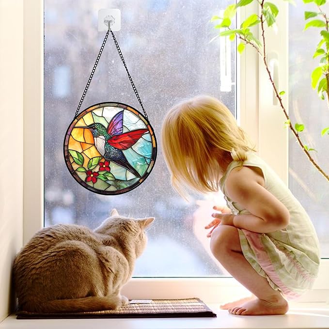 Stained Glass Window Hanging, Hummingbird Gifts Sun Catchers Diamond Glass Panel Hangings Birds Suncatcher Decor for Birthday for Women, Men, Wife, Aunt, and Mom 6.3 in