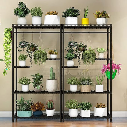 Xiofio Plant Stand for Indoor Outdoor,Metal Plant Stands,Adjustable Plant Shelves with Hanging Rod for Bedroom Living Room Balcony Garden,Black