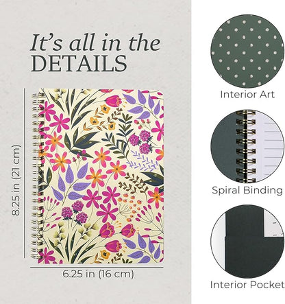 Steel Mill & Co Cute Pink/Purple Floral Mini Spiral Notebook, 8.25" x 6.25" Journal with Durable Hardcover and 160 Lined Pages, Wildflowers