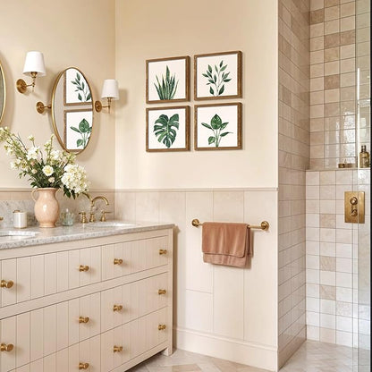 ArtbyHannah Framed Bathroom Wall Decor, Botanical Wall Art with Sage Green Plant Print for Bedroom Decoration, Minimalist Restroom Decor(Walnut, 8x8 Inch)