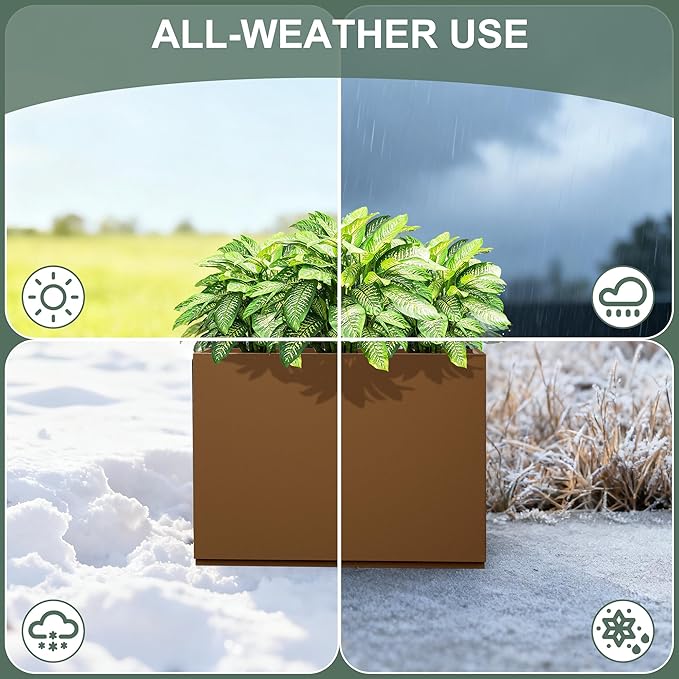 Metal Rectangular Planter Box for Outdoor Plants, Flowers, Tall & Long Planters with Drainage Holes, All-Weather Use (35" L x 9" W x 26" H, Brown)