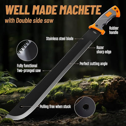 Machete with Saw 25" / 19" Heavy Duty Tool & Sheath - Ergonomic No-Slip Handle - Survival Knife with Serrated Blade - Machetes for Bushcraft Hunting Garden Cutting Trees and Yard Work