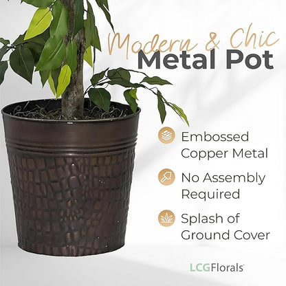 6ft Artificial Ficus Tree in Copper Metal Pot with Real-Wood Trunk - Indoor and Outdoor Faux Plants for Patio, Living Rooms, Offices & Outdoor Spaces