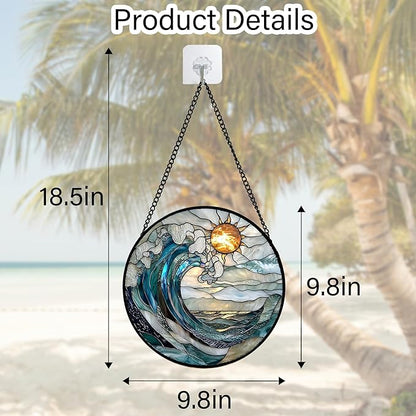 Stained Glass Window Hanging, Blue and White Waves Suncatcher Diamond Glass Panel Landscape Sun Catchers Decor for Birthday for Women, Men, Wife, Aunt, and Mom 9.8 in