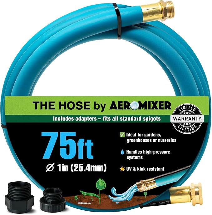 Aeromixer THE HOSE - 1 Inch 75Ft Flexible Garden Hose, Heavy Duty Garden Hoses for Outdoors, Anti Kinking Industrial Outdoor Water Hoses, 650 PSI High-Pressure Watering Tool for Farming and Gardening