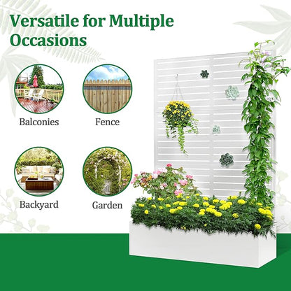 Metal Raised Garden Bed with Trellis, 2 in 1 Trellis with Planter Box & Privacy Screen for Climbing Plants, Vine, Outdoor Standing Flower Beds with Drainage Holes, 47" L x 16" W x 71" H, White