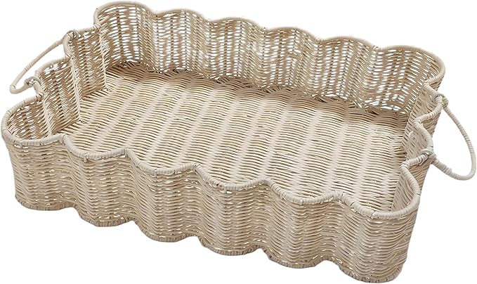 Scalloped Rattan Tray Basket,17"*12"*4" Super Hard Rectangle Hand Woven Wicker Serving Tray with Handles, Seagrass Decoratve Tray for Coffee Table (Rattan-Off White-17 * 12 * 4")