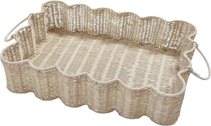 Scalloped Rattan Tray Basket,17"*12"*4" Super Hard Rectangle Hand Woven Wicker Serving Tray with Handles, Seagrass Decoratve Tray for Coffee Table (Rattan-Off White-17 * 12 * 4")