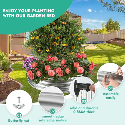 4FT Diameter Galvanized Garden Raised Bed/Plant Box/Fire Pit Ring-0.8mm Thick,12 Inch Tall,Crimped Edge and Corner,No Sharpe,Perfect for Plantings (Silver, 48 Dia X 11.5 inches)