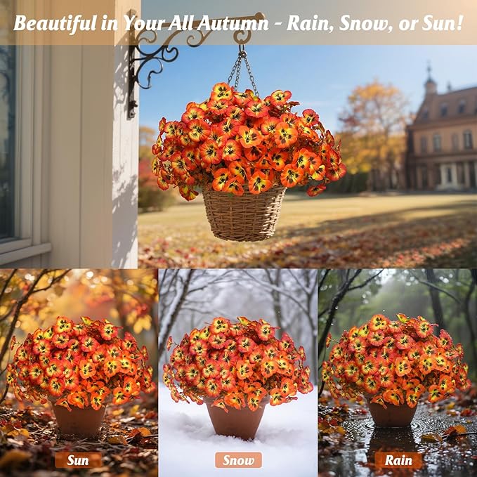 18 Bundles Fall Artificial Flowers for Outdoor, UV Resistant Fake Flowers, Silk Faux Pansies Flowers for Thanksgiving Decoration Planters Home Garden Office Patio Front