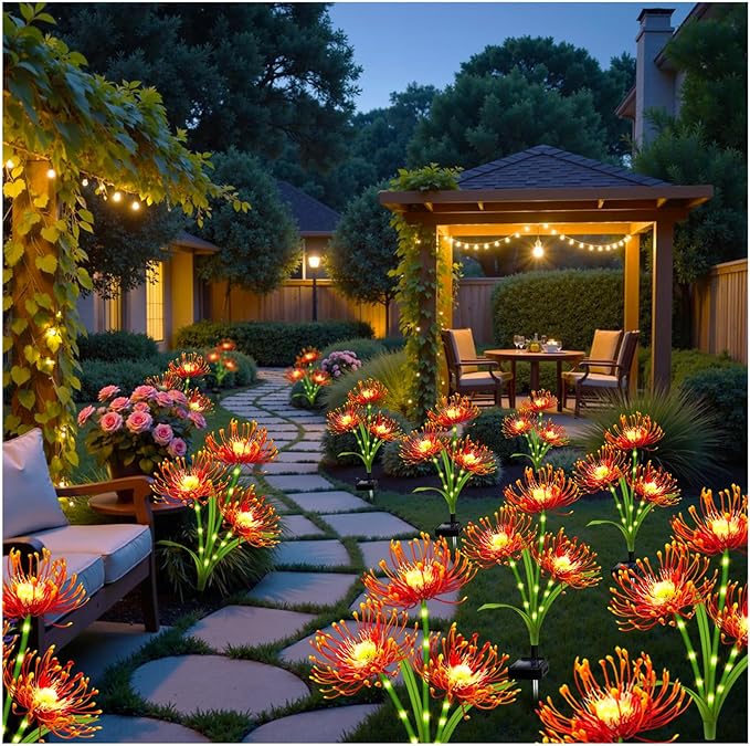 Solar Garden Flower Lights Outdoor,2 Pack 6-Head Orange Spider Lily Waterproof with Glowing Stems,Elegant Yard & Patio Decor,Ideal Thanksgiving,Christmas & Gardening Gifts for Women,Mothers & Grandma