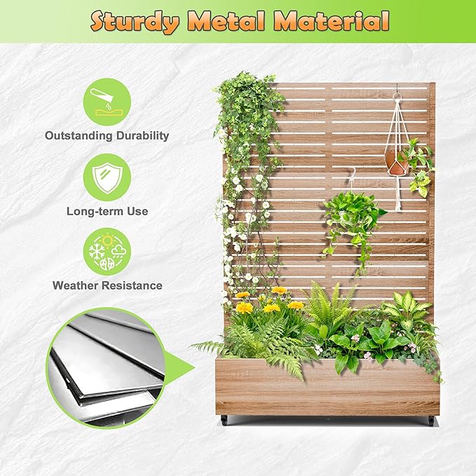 Metal Raised Garden Bed with Trellis, 2-in-1 Planter Box & Privacy Screen for Climbing Plants, Outdoor Standing Flower Bed with Drainage Holes, 47.2" L x 16.7" W x 70.8" H, Cut Oak Grain