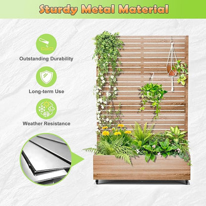 Metal Raised Garden Bed with Trellis, 2-in-1 Planter Box & Privacy Screen for Climbing Plants, Outdoor Standing Flower Bed with Drainage Holes, 47.2" L x 16.7" W x 70.8" H, Cut Oak Grain
