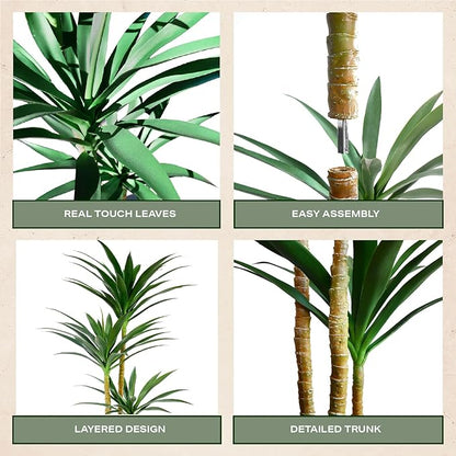 Hyper Realistic Dracaena 5ft Tall - Real Touch & VU Protected Faux Yucca Floor Plant in Pot- Artificial Agave Plant Fake Tree with Black Planter