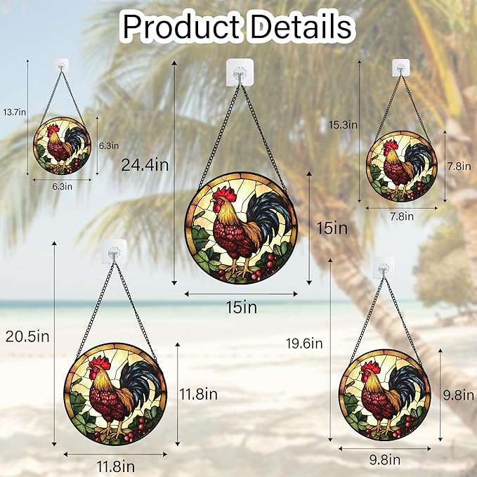 Stained Glass Window Hanging, Colorful Big Cock Sun Catcher for Window Door Home Decor, Chicken Suncatcher Christmas Mother's Day Birthday Gifts for Women Men Mom and Nana 6.3 in