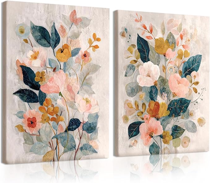 RUMSICH 2 Pcs Watercolor Floral Canvas Wall Art Colorful Wildflowers Print Posters Bohemian Botanical Wall Decor Modern Minimalist Flower Paintings Artwork Pictures Living Room Bedroom 12x16 Inch