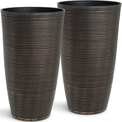 23.5" H Tall Planters, 2-Pack Taper Large Flower Pots for Indoor Outdoor Use, UV-Protect PP Plant Container for Garden Patio Yard Balcony Porch or Home Decor, Bronze Vertical Stripes Texture