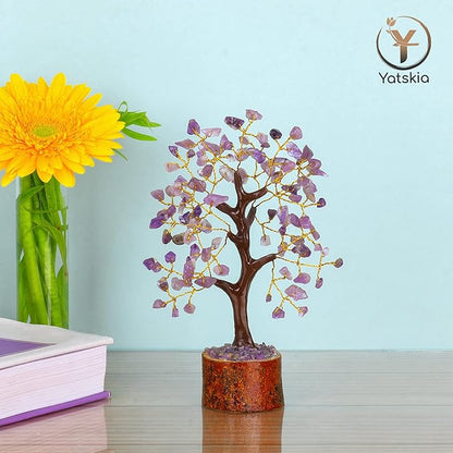 Amethyst Crystal Tree – 7-8 Inch Gemstone Tree with Golden Wire & Wooden Base – Spiritual Gift, Gifts for Her, Healing Crystals Decor, Birthday Gift for Women