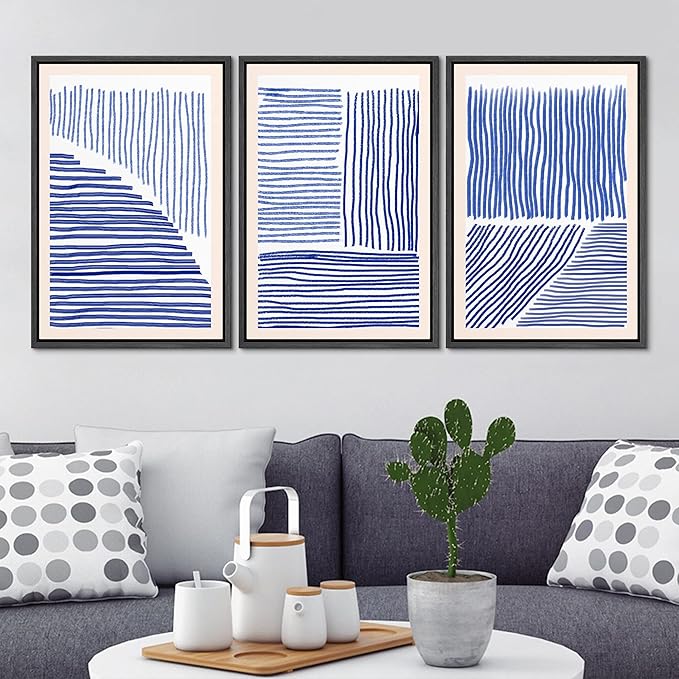 Ashbrook Framed Wall Art Print Set Navy Blue Geometric Color Block Lines Abstract Shapes Illustrations Modern Art Boho Scenic Colorful Chic for Living Room, Bedroom, Office - 16"x24"x3 Black