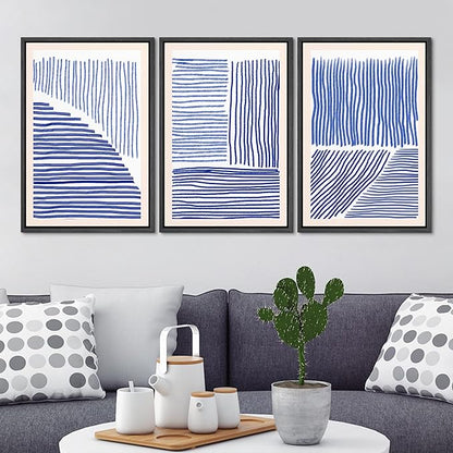 Ashbrook Framed Wall Art Print Set Navy Blue Geometric Color Block Lines Abstract Shapes Illustrations Modern Art Boho Scenic Colorful Chic for Living Room, Bedroom, Office - 16"x24"x3 Black