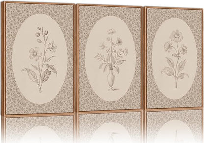 Rantodecor Vintage Flower Framed Canvas Wall Art Triptych, Rustic Floral Wall Decor, Retro Sketch Botanical Art Paintings, Antique French Cottage Artwork for Girls Bedroom Living Room Bathroom 16"x24"