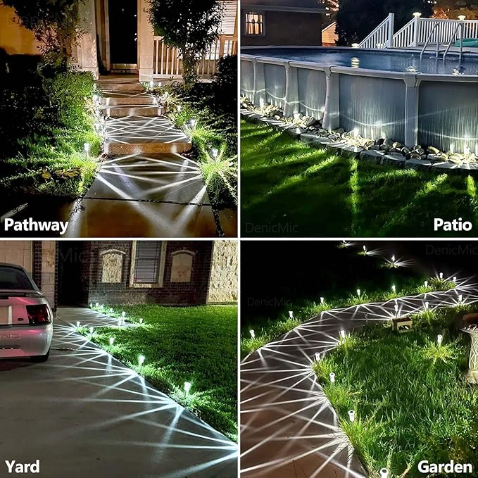 DenicMic Solar Lights Outdoor 15 Pack Waterproof 6000K Cold White LED Stainless Steel Stake for Pathway Yard Garden Driveway Solar Powered Outside Decor