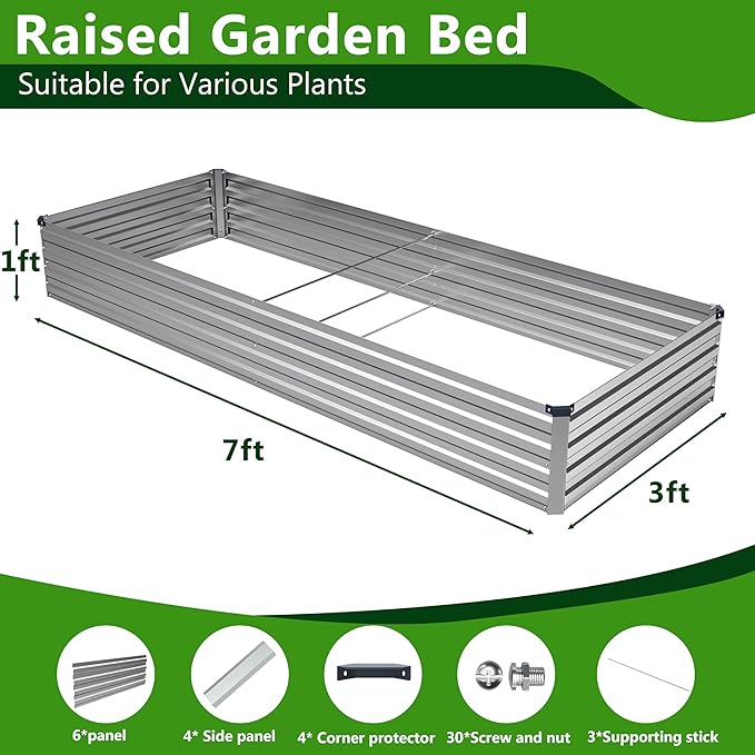2PCS 7x3x1ft Galvanized Metal Raised Garden Bed Kit,Outdoor Planter Box Vegetables,Flowers,Herbs Durable Rust-Resistant Patio Gardening Beds,Silver