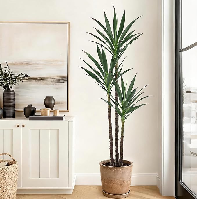 Artificial Agave Tree 5.2FT with 45 Leaves & 3 Trunks & Elegant Black Pot Lifelike Tall Large Fake Faux Modern Tree 62 Inch for Indoor Home Office Porch Store Corner Decor Housewarming Gift