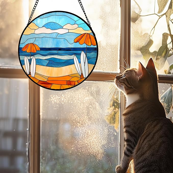 Stained Glass Window Hanging 4 Pcs Set Blue Ocean Surfing Beach 7.8" - Suncatcher Door Garden Sun Catcher Decor Birthday Mother's Day for Firefighte Men Woman Nana Mom