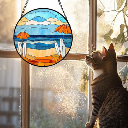 Stained Glass Window Hanging 4 Pcs Set Blue Ocean Surfing Beach 7.8" - Suncatcher Door Garden Sun Catcher Decor Birthday Mother's Day for Firefighte Men Woman Nana Mom