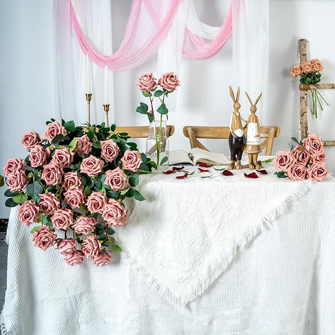 Fake Roses Faux Flowers Silk Roses 16.5In Artificial Roses with Stems Realistic Artificial Flowers Suitable for Indoor Home Decor DIY Bouquet Wedding Decor Party Decor 24PCS (Pink Purple)