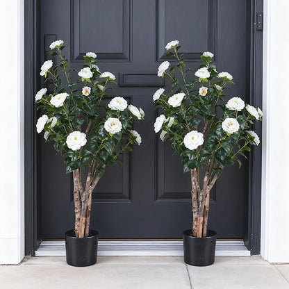 2pc 4ft Decorative Artificial Camellia Tree with White Flowers, Potted Faux Floral Plant, Realistic Blooming Fake Plants for Indoor Outdoor Home Front Door Planter Decor