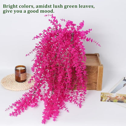 RECUTMS Artificial Plants Fake Hanging Vine Plant Hanging Eucalyptus Vine Artificial Leaves Greenery Plastic Plants for Indoor Bedroom Wall Decoration Outdoor Porch Home Wedding Decor(Pure Fuchsia)