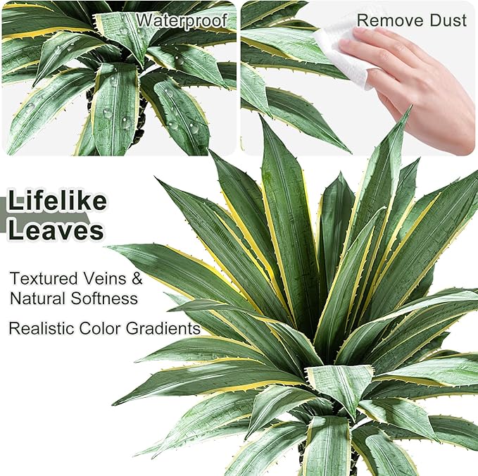 Artificial Agave Plant Potted Plants for Indoor Outdoor Fake Agave Tree in Pot Realistic Faux Tree with 42 Leaves for Home Living Room Office Garden Front Porch Patio Decor (51inch-1 Pc Potted Yellow)