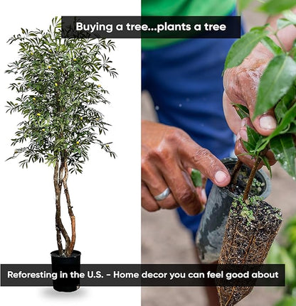 Cypress & Alabaster Handmade 6.5ft Mediterranean Olive Artificial Tree with Ethically Sourced Real Wood Trunks, Hypoallergenic, 6.5-Foot, Green