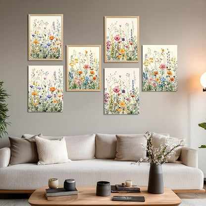 LLEEMPI Watercolor Floral Wall Art Set of 3, Colorful Wildflower Wall Decor, Modern Abstract Botanical Canvas Painting, Rustic Farmhouse Poster Print for Bedroom Bathroom Office Wood Framed 16x24 Inch
