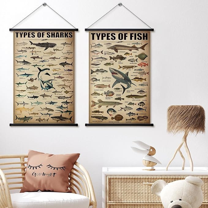 Geosar 2 Pcs Vintage Ocean Fish Poster Marine Animal Wall Decor Rustic Ocean Knowledge Picture Prints Wall Art Illustrative Reference Chart Poster for Home Office Classroom Bedroom, 15.7 x 23.6''