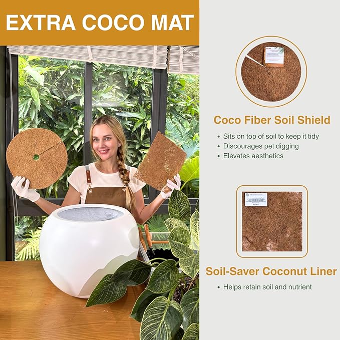 12.8”H x 16”D Globo Fiberstone Round Planter - Christmas Tree Planter, Smooth Finishes, Weather Resistant for Indoor & Outdoor Use, Included 2 Extra Coco Mats (Light Gray, 10.7” Pot Opening)