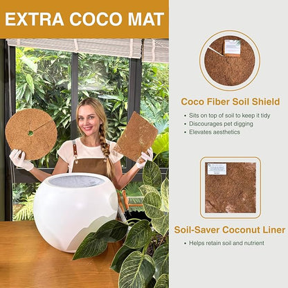 16"H x 20"D Globo Fiberstone Round Planter with Drainage Hole, Smooth Finishes, Weather Resistant for Indoor and Outdoor Use, Included 2 Extra Coco Mats (Light French Gray, 13.5 Pot Opening)