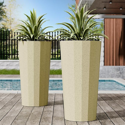 2PCS Tall Planters for Outdoor Plants, 23.6 Inches Large Outdoor Conical Flower Pots for Porch with Drainage Holes and Drainage Baffle, Tapered Large Planters for Garden, Balcony Use, Beige