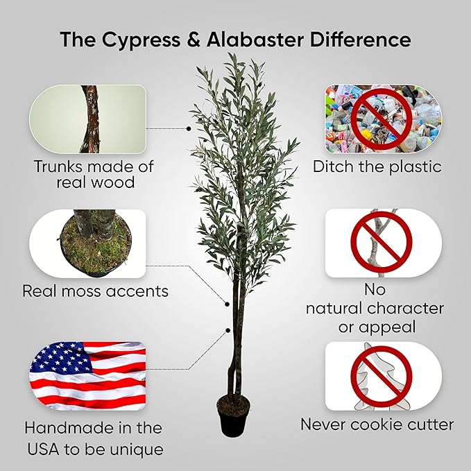 Cypress & Alabaster Handmade 6ft Young Olive Artificial Tree with Ethically Sourced Real Wood Trunks, Hypoallergenic, 6-Foot, Green