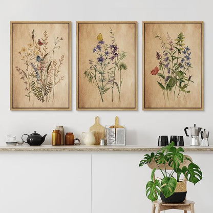Ashbrook Framed Canvas Print Wall Art Set Vintage Wildflower Bouquet Nature Wilderness Illustrations Modern Art Decorative Floral Botanical Minimal Calm/Relax/Cozy for Bedroom - 24"x36"x3 NATURAL
