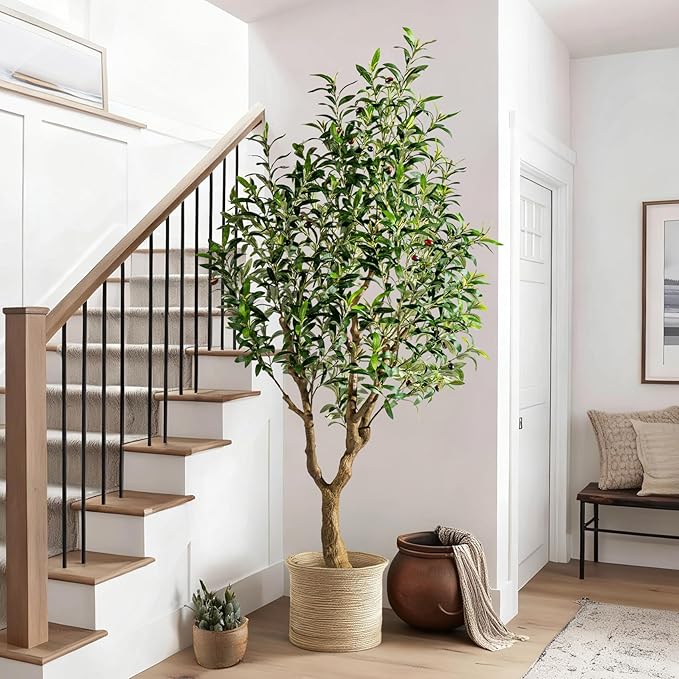 6FT Faux Olive Tree with Tall Exquisite Planter Artificial Olive Tree Tall, Potted Fake Olive Plant with 1260 Real Touch Leaves, Indoor Outdoor Home Garden Office Decor