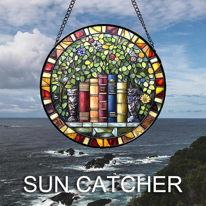 Stained Glass Window Hanging Green Plants Flowers Books 9.8" - Suncatcher Door Garden Sunroom Sun Catcher Decor Birthday Christmas for Mom Men Woman Nana