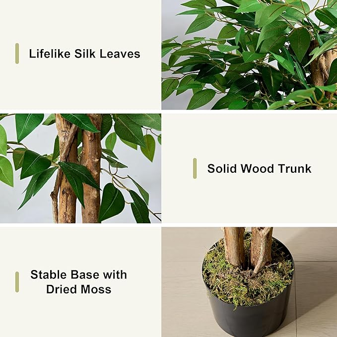VECELO Ficus Tree Artificial 6 Feet, Tall Faux Tree in Pot, Fake Floor Plant with Realistic Tree Branch & Silk Leaves for Home Office Indoor Decor